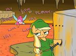  blonde_hair clothing cosplay english_text equine eyes_closed fairy female feral firebrandkun friendship_is_magic green_eyes hair hat horse lava link mammal my_little_pony navi nintendo parody pink_hair pinkie_pie_(mlp) pony sword text the_legend_of_zelda tunic video_games weapon 