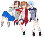  ayanami_rei bad_id bad_pixiv_id blue_eyes blue_hair brown_hair casual dress glasses long_hair mabu0723 makinami_mari_illustrious multiple_girls neon_genesis_evangelion one_eye_closed orange_hair pants rebuild_of_evangelion red_eyes short_hair souryuu_asuka_langley 