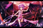  adapted_costume bat_wings chain dress hat hat_ribbon letterboxed looking_at_viewer overskirt pink_dress pink_legwear purple_hair red_eyes remilia_scarlet ribbon sash short_hair sleeveless sleeveless_dress solo spear_the_gungnir thighhighs touhou walking wangchuan_de_quanyan wings wrist_cuffs zettai_ryouiki 