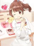  ;d brown_eyes brown_hair doughnut food hands_together heart idolmaster idolmaster_cinderella_girls kappougi mixing_bowl nasuna one_eye_closed open_mouth ponytail shiina_noriko smile solo 