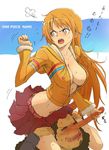  1girl angry breasts carrying character_name cleavage copyright_name fume highres long_hair long_nose medium_breasts nami_(one_piece) no_bra nosejob one_piece orange_eyes orange_hair sexually_suggestive shoulder_carry sideboob translated usopp yooo 
