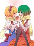  alice_margatroid bad_id bad_pixiv_id blonde_hair blush closed_eyes couple cup green_eyes green_hair holding_hands kazami_yuuka multiple_girls pantyhose scarf shared_scarf short_hair sitting sitting_on_lap sitting_on_person smile touhou tsuno_no_hito yuri 