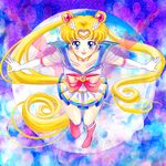  back_bow bad_id bad_pixiv_id bishoujo_senshi_sailor_moon blonde_hair blue_eyes blue_sailor_collar boots bow brooch choker double_bun earrings elbow_gloves full_body gloves hair_ornament hairpin heart heart_choker highres jewelry knee_boots long_hair magical_girl multicolored multicolored_clothes multicolored_skirt outstretched_arms pleated_skirt ponsu_(ponzuxponzu) red_bow ribbon sailor_collar sailor_moon sailor_senshi_uniform skirt smile solo spread_arms super_sailor_moon tiara tsukino_usagi twintails white_gloves 