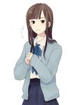  bad_id bad_pixiv_id brown_eyes brown_hair cardigan dress_shirt ichikawa_(addiction) idolmaster idolmaster_cinderella_girls long_hair mizumoto_yukari open_cardigan open_clothes ribbon school_uniform shirt skirt solo translated 