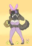  animal_ears badger breasts cleavage clevage clothed clothing easter egg female green_eyes holidays honey_badger hybrid hyena legwear mammal meer mustelid piercing plain_background purple_clothing rabbit_ears raffle stockings yellow_background 