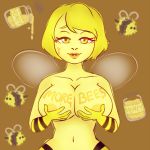  2018 5_fingers animal_humanoid anonymous_artist arthropod arthropod_humanoid bee bee_humanoid big_breasts black_stripes blonde_hair body_writing breasts brown_background clothed clothing english_text eyelashes female feral gloves hair hand_on_breast holding_breast honey humanoid humanoid_focus hymenopteran hymenopteran_humanoid insect insect_humanoid insect_wings jar looking_at_viewer meme navel nipples pursed_lips simple_background smile solo_focus stinger striped_gloves stripes text topless winged_humanoid wings yellow_eyes yellow_gloves yellow_nipples 