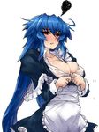  1girl blue_hair blush breasts cleavage long_hair maid red_eyes sharp_teeth skj 