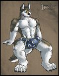  anthro biceps black_nose blue_eyes boxers brown_fur bulge canine claws cute dog fur grin male mammal maneater muscles pawpads paws pecs pose sitting smile solo tiberiusrings toe_claws tongue tongue_out topless underwear white_fur 