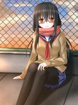  black_hair chain-link_fence fence glasses hanazome_dotera long_hair neckerchief orange_eyes original pantyhose red-framed_eyewear scarf school_uniform serafuku sitting skirt smile solo sunset sweater 