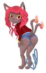  eridian feline female fire guiltybullet hair jeans mammal multiple_tails piercing red_eyes red_hair short_jeans 