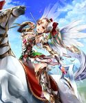  1girl armor blonde_hair breasts cleavage horse knight open_mouth orange_eyes polearm ponytail spear toi_(4089597) valkyrie warrior weapon wings 