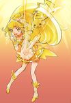  blonde_hair boots bow choker clenched_hand color_connection cure_peace dress earrings electricity foreshortening gen_1_pokemon gradient gradient_background hair_flaps jewelry kise_yayoi kurochiroko magical_girl open_mouth pikachu pokemon pokemon_(creature) ponytail power_connection precure ribbon shorts shorts_under_skirt skirt smile_precure! tiara trait_connection v yellow yellow_bow yellow_eyes yellow_shorts yellow_skirt 