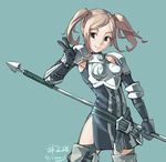  2013 armor belt boots breastplate brown_eyes brown_hair cynthia_(fire_emblem) dated fire_emblem fire_emblem:_kakusei junkpuyo polearm short_hair simple_background smile solo spear thigh_boots thighhighs twintails v weapon 