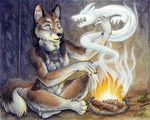  ambiguous_gender blue_eyes canine dragon dreamcatcher druid dull_eyes fire magic_user male mammal silentravyn sitting solo spirit tribal tribal_spellcaster wolf 