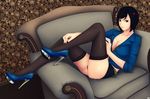  black_hair breasts brown_eyes chair cleavage hair_ornament hairclip high_heels khalitzburg knee_up lace lace-trimmed_thighhighs legs medium_breasts original outstretched_leg panties reclining shoes short_hair sitting sitting_sideways skirt sleeves_rolled_up smile solo thighhighs underwear 