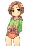  blush brown_hair hair_ornament hairclip highres hood hoodie idolmaster idolmaster_cinderella_girls looking_at_viewer navel panties ryuuzaki_kaoru short_hair simple_background skirt skirt_lift solo standing teruteru-deru underwear white_background yellow_eyes 