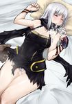  1girl bed breasts eris eyes_closed long_hair nipples pillow skj white_hair 