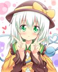  blush bubble double_v green_eyes hat hat_ribbon heart heart_of_string highres komeiji_koishi long_sleeves looking_at_viewer md5_mismatch revision ribbon shinekalta silver_hair smile solo third_eye touhou upper_body v wide_sleeves 