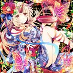  :3 azumamutuki bad_id bad_pixiv_id bare_shoulders black_background blonde_hair breasts bug butterfly chrysanthemum cleavage cup floral_print flower hair_flower hair_ornament hair_ribbon highres horn hoshiguma_yuugi insect japanese_clothes kimono knees_up leg_ribbon light_smile light_trail long_hair looking_at_viewer medium_breasts reclining red_eyes ribbon sakazuki shide solo star touhou very_long_hair wrist_ribbon 