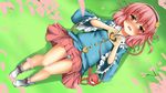  blush eyeball hairband heart heart_hands hoshizuki_(seigetsu) komeiji_satori lying on_back panties pink_eyes pink_hair short_hair skirt socks solo striped striped_panties third_eye touhou underwear 