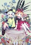  blonde_hair blue_eyes blue_flower blue_rose bow fairy_wings flower grey_eyes hair_ribbon hat hat_bow komeiji_koishi lily_of_the_valley long_sleeves medicine_melancholy multiple_girls nekokyu puffy_sleeves ribbon rose shirt short_hair silver_hair sitting skirt su-san third_eye touhou wide_sleeves wings 