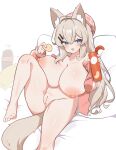  animal_ear_fluff animal_ears beret between_legs blue_eyes blush breasts cardigan chips_(food) dog_ears dog_girl dog_tail food hair_ornament hairclip hat highres huge_breasts inverted_nipples long_hair naked_cardigan nipples off_shoulder on_bed open_cardigan open_clothes original pillow potato_chips pringles_can pussy satou_kurua satou_kurua_(artist) simple_background tail tail_between_legs uncensored very_long_hair white_background white_hair 