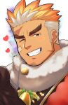 1boy bandaid bandaid_on_cheek bandaid_on_face bara beard_stubble bell blonde_hair blush close-up earrings grin heart highres jewelry looking_at_viewer male_focus multicolored_hair official_alternate_costume one_eye_closed oskn_tengoku santa_costume scar scar_on_face short_hair smile solo spoken_heart thick_eyebrows tokyo_afterschool_summoners two-tone_hair ulaanbaatar_(housamo) white_hair 