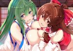  1boy 2girls asymmetrical_docking blurry blurry_background bow breast_envy breast_press breasts brown_hair censored commentary_request detached_sleeves frog_hair_ornament green_hair hair_bow hair_ornament hakurei_reimu indoors kochiya_sanae large_breasts long_hair looking_at_viewer medium_breasts mosaic_censoring multiple_girls open_mouth paid_reward_available paizuri pov red_bow red_shirt ribbon-trimmed_sleeves ribbon_trim shirt sidelocks textless_version touhou touhou7716 wide_sleeves 