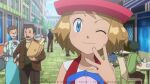  5boys 5girls ;) artist_name blonde_hair blue_eyes blue_ribbon building chair closed_mouth collarbone day dress eyelashes hand_up hat looking_at_viewer mixed-language_commentary multiple_boys multiple_girls neck_ribbon noelia_ponce one_eye_closed outdoors pink_dress pink_headwear pokemon pokemon_(anime) pokemon_xy_(anime) ribbon road serena_(pokemon) sleeveless smile spread_fingers standing street table watermark 