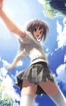  absurdres amatsume_akira blush brown_eyes brown_hair cloud day from_below hashimoto_takashi highres panties pantyshot plaid plaid_skirt short_hair skirt sky solo thighhighs underwear upskirt yosuga_no_sora 