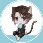  1boy alternate_costume animal_ears barefoot belt_buckle black_pants black_shirt blue_background blue_eyes brown_hair buckle cat_boy cat_ears cat_tail chibi commentary dated eating final_fantasy final_fantasy_viii food food_in_mouth hiryuu_(kana_h) holding holding_food holding_popsicle leather_belt lowres male_focus pants pants_rolled_up popsicle scar scar_on_face shirt short_hair signature simple_background sitting solo squall_leonhart t-shirt tail white_background 