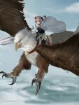  1boy absurdres animal armor astolfo_(fate) bird black_bow black_thighhighs bow braid cape day eagle fate/apocrypha fate_(series) flying fur-trimmed_cape fur_trim hair_bow highres holding holding_sword holding_weapon kowai_(iamkowai) long_braid male_focus outdoors oversized_animal pink_hair purple_eyes riding riding_animal solo sword thighhighs weapon white_cape white_hair 