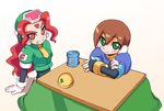  aile brown_hair cedre facial_mark forehead_mark gradient gradient_background green_eyes kotatsu multiple_girls red_eyes red_hair rockman rockman_zx shigehiro_(hiroi_heya) short_hair smile table 