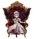  bat_wings blue_hair chair crossed_legs cup cupping_glass drinking_glass full_body hat nabeshima_tetsuhiro red_eyes remilia_scarlet short_hair sitting solo throne touhou wine_glass wings 