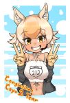  1girl animal_ears anniversary blonde_hair blue_background camisole coyote_(kemono_friends) extra_ears gloves highres jacket kemono_friends kemono_friends_v_project looking_at_viewer microphone navel orange_ardy1203 short_hair simple_background smile solo upper_body v virtual_youtuber wolf_ears wolf_girl yellow_eyes 