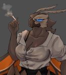  angry anthro arthropod big_breasts blue_eyes breasts cleavage clothed clothing female godzilla_(series) hi_res insect kaiju lepidopteran moth mothra mothra_(series) office_clothing smoking solo spicepumpkinlou toho unbuttoned_shirt 