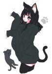  1girl :p ahoge animal_ears black_eyes black_hair black_hoodie blush bright_pupils cat cat_ears cat_girl cat_tail commentary_request cowboy_shot eyelashes highres hood hoodie long_hair megateru messy_hair original oversized_clothes paw_pose simple_background sleeves_past_wrists smile solo tail tareme thighhighs tongue tongue_out very_long_hair white_background white_pupils zettai_ryouiki 