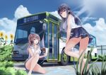  2girls :d barefoot black_hair black_skirt blue_sky blush brown_hair bus bush chain-link_fence day fence flower highres holding holding_hose hood hoodie hose kneeling license_plate long_hair motor_vehicle multiple_girls open_mouth original outdoors parted_lips png_pant_(bus) ponytail puddle purple_eyes second-party_source shirt skirt sky sleeveless sleeveless_hoodie sleeveless_shirt smile standing standing_on_one_leg sunflower translation_request vehicle_focus wet white_hoodie white_shirt 
