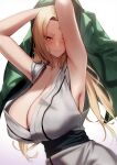  1girl absurdres armpits arms_up bare_shoulders blonde_hair blush breasts cleavage collarbone facial_mark forehead forehead_mark green_kimono grey_kimono highres japanese_clothes kimono large_breasts long_hair looking_at_viewer low_twintails lun7732 naruto naruto_(series) parted_bangs sleeveless solo tsunade_(naruto) twintails unworn_clothes yellow_eyes 