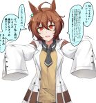  1girl agnes_tachyon_(umamusume) ahoge animal_ears arms_up beckoning brown_hair buttons coat collared_shirt ear_ornament empty_eyes hair_between_eyes head_tilt highres horse_ears jewelry lab_coat long_sleeves looking_at_viewer medium_hair necktie open_clothes open_coat outstretched_arms red_eyes shirt short_necktie simple_background sleeves_past_fingers sleeves_past_wrists smile solo sugamo_(rainysnowy108) sweater translation_request umamusume upper_body white_background white_coat wing_collar 