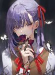  1girl blush brown_vest bug butterfly chyoel earrings fate/stay_night fate_(series) flower flower_over_mouth hair_between_eyes hair_ribbon highres holding holding_flower homurahara_academy_school_uniform jewelry long_hair looking_at_viewer matou_sakura neck_ribbon purple_eyes purple_hair red_flower red_ribbon red_rose ribbon rose school_uniform shirt solo thorns upper_body vest white_shirt 