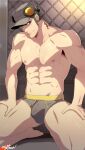  1boy abs artist_name bara bulge closed_mouth grey_hair grey_male_underwear hat highres iwai_munehisa kneeling large_pectorals long_sideburns male_focus male_underwear mazjojo muscular muscular_male navel neck_tattoo nipples paid_reward_available pectorals persona persona_5 short_hair sideburns solo tattoo thick_thighs thighs underwear 