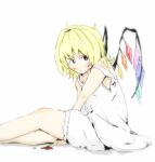  1girl alternate_costume bare_shoulders between_legs blonde_hair bloomers blush closed_mouth collarbone crystal feet_out_of_frame flandre_scarlet from_side hand_between_legs looking_at_viewer medium_hair multicolored_wings n72 nightgown no_headwear red_eyes simple_background solo touhou white_background white_bloomers white_nightgown wings 