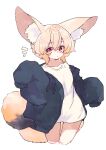  1girl animal_ears black_jacket blonde_hair blush commentary_request cowboy_shot dot_mouth fox_ears fox_girl fox_tail highres jacket large_ears megateru notice_lines open_clothes open_jacket original red_eyes shirt short_hair simple_background sleeves_past_fingers sleeves_past_wrists tail white_background white_shirt 