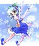  blue_eyes blue_hair bow cirno dress full_body hair_bow katahira_masashi mary_janes outstretched_arms shoes short_hair smile snow snowflakes socks solo spread_arms touhou wings 