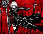  bad_id bad_pixiv_id gothic high_contrast izayoi_sakuya monochrome mouth_hold red red_background solo soubi sword touhou weapon 