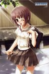  absurdres amatsume_akira antenna_hair blush brown_eyes brown_hair hashimoto_takashi highres one_eye_closed plaid plaid_skirt school_uniform short_hair skirt skirt_lift solo thighhighs yosuga_no_sora zettai_ryouiki 