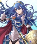 1girl armor blue_eyes blue_hair fire_emblem fire_emblem_awakening fire_emblem_heroes hair_between_eyes highres holding holding_shield holding_weapon kakiko210 long_hair looking_at_viewer lucina_(fate&#039;s_resolve)_(fire_emblem) lucina_(fire_emblem) official_alternate_costume shield smile solo symbol_in_eye tiara weapon 