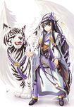  animal_ears black_hair long_hair original purple_eyes sword tail tiger weapon wings yuu_(yuyukaikan) 