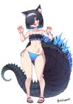  1girl absurdres animal_ear_fluff animal_ears artist_name bikini black_bikini black_hair blue_bikini blue_hair blue_sclera cat_ears claw_pose colored_inner_hair colored_sclera ear_down fang frilled_bikini frills full_body hands_up highres large_tail lizard_tail looking_at_viewer mikagura multicolored_hair open_mouth orange_eyes original pigeon-toed sandals short_hair simple_background solo spines standing swimsuit tail twitter_username white_background 